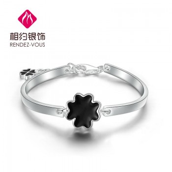 相约银饰  s990足银四叶草手镯  灵活开口设计 可调节大小  简约时尚典雅