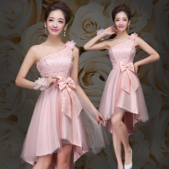 伴娘服2016新款秋冬姐妹团女短款裸粉色甜美连衣裙生日宴会晚礼服