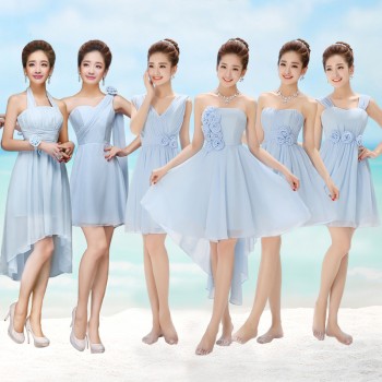 伴娘服2016新款秋冬姐妹团女短款淡蓝色甜美连衣裙生日宴会晚礼服