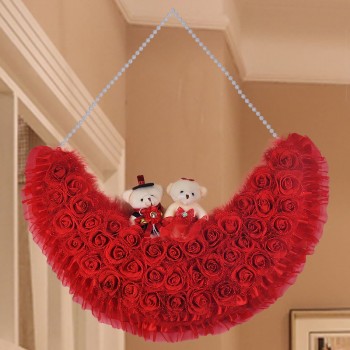 婚庆用品结婚婚房装饰布置小熊花环挂饰 金粉纱花小熊挂饰月亮形