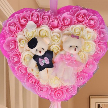 婚庆用品结婚婚房装饰布置小熊公仔花环挂饰 30#爱心纱花小熊挂饰