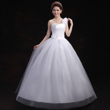 2017新款夏 韩版新娘蕾丝花朵钉珠 单肩修身显瘦大码婚纱T-28