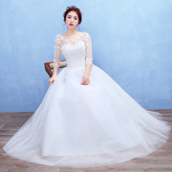2017新款新娘蕾丝婚纱礼服 韩式 双肩一字肩蕾丝婚纱 T40