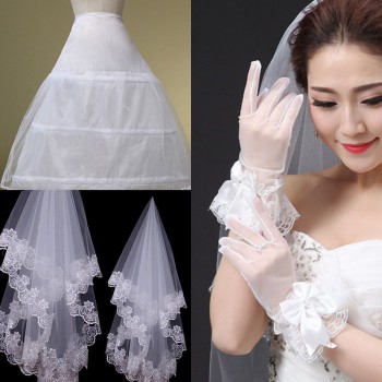 2017婚纱配饰 绣花手套 1.5米蕾丝花边头纱 高档三边加纱裙撑
