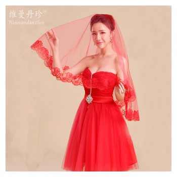 2017新娘婚纱头纱韩式新款花边头纱1.5米绣花花边红色头纱 S0618