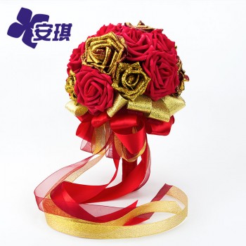 安琪婚品炫美纯金色婚礼红宝蓝PE玫瑰超仿真手感花新娘手捧花紫色