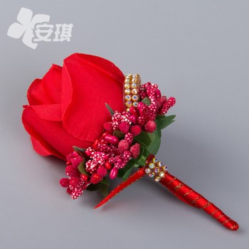 仿真绢花玫瑰花七彩钻链轻奢结婚礼胸花新郎新娘父母配饰结婚襟花