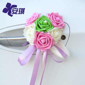 韩式车花婚礼心形点缀PE玫瑰飘带婚车门把手后视镜装饰婚庆装车