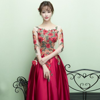 2017秋冬新娘长袖结婚酒红色刺绣长款宴会修身晚礼服女