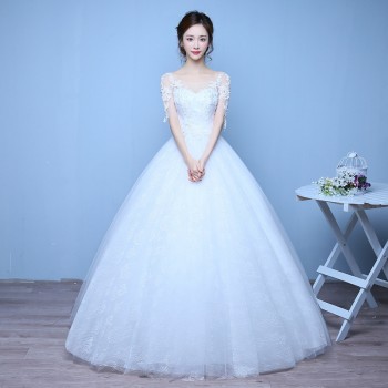 2017新款婚纱新娘结婚齐地双肩中袖蕾丝v领显瘦婚纱