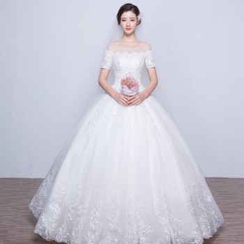 2017新款新娘蕾丝婚纱礼服双肩一字肩婚纱大码婚纱