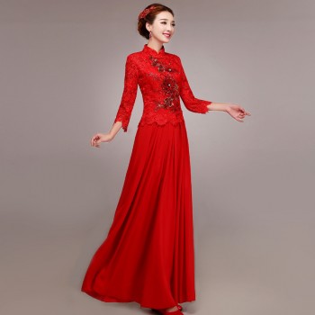2017新款旗袍新娘结婚敬酒服礼服蕾丝中式红色旗袍新款