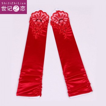 2017新款新娘手套婚纱手套 加长款 珍珠带指手套新娘秋季手套