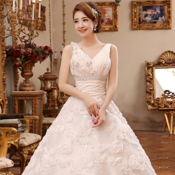 2017新款婚纱新娘 婚纱高档双肩蕾丝一字肩春季大码婚纱礼服