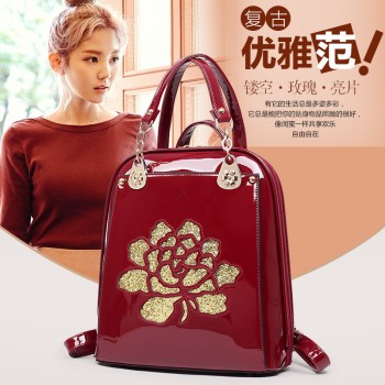 2017年新款女士书包中国风气质亮片漆皮手提包包多功能双肩背包