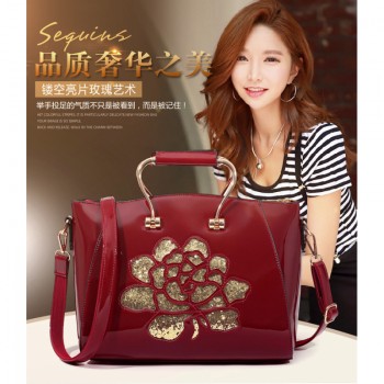女包中国风潮流2017年新款亮片玫瑰花手提包复古漆皮单肩斜挎包