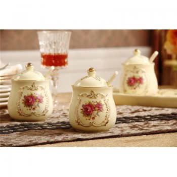 简约欧式田园 陶瓷调料调味罐三件套 带不锈钢架 带托盘两款可选