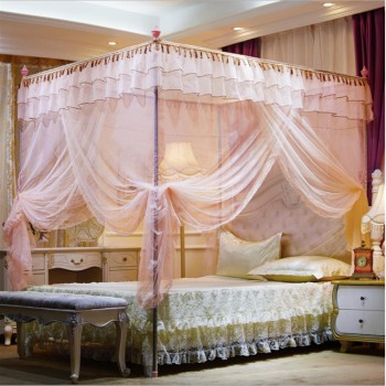 宫廷蚊帐加粗不锈钢支架落地式方顶加密三开门床幔