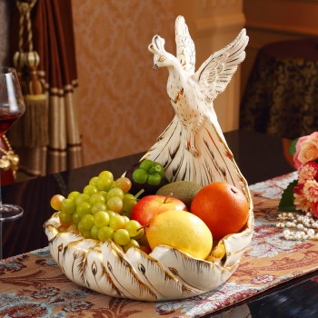 描金孔雀陶瓷水果盘 陶瓷工艺品摆件创意客厅装饰品婚庆乔迁礼品