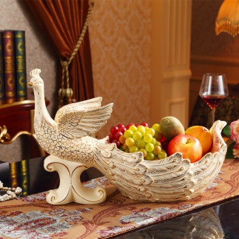 描金孔雀陶瓷水果盘 陶瓷工艺品摆件创意客厅装饰品婚庆乔迁礼品