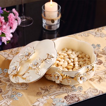 欧式陶瓷带盖果盘 单格干果糖果坚果盘高档结婚家庭多用