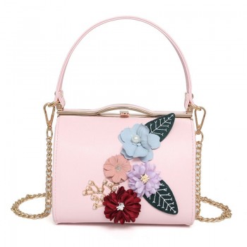 芸曦女包2017新款女包时尚夹口波士顿小清新花朵包链条包手提包单肩斜跨包