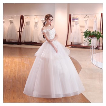 新款一字肩韩式齐地花朵婚纱礼服 新娘蕾丝大码弹力网双肩婚纱G17