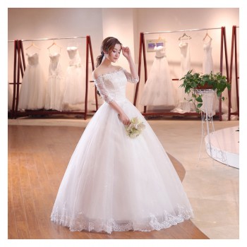 婚纱礼服2017新款夏韩式一字肩齐地新娘婚纱长袖蕾丝修身显瘦G20