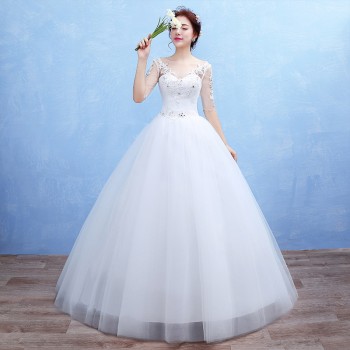 厂家直销2017新娘长袖婚纱礼服 韩式一字肩中袖婚纱大码批发T47