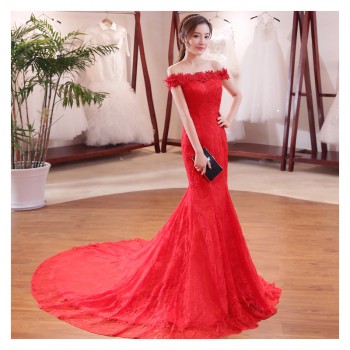 新款新娘一字肩收腰鱼尾修身显瘦长拖尾大码红色婚纱厂家直销Y02