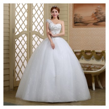 2017新款高档韩式新娘 单肩齐地镶钻蕾丝大码影楼结婚纱098—1