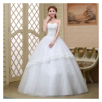 甜美花朵手工花蕾丝 抹胸新娘齐地结婚大码镶钻蕾丝新款婚纱206