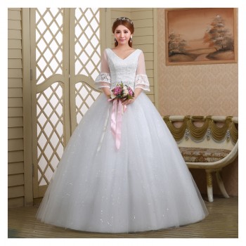 2017新款高档一字肩中袖婚纱 韩版显瘦大码蓬蓬裙绑带婚纱607