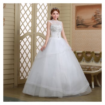 新款2017高档 新娘一字肩齐地简约蕾丝镶钻包肩立领影楼婚纱832-1