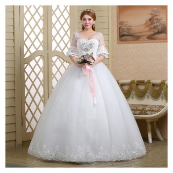 2017新款高档七分袖中袖婚纱 韩版大码蓬蓬裙蕾丝镶钻婚纱8056-1