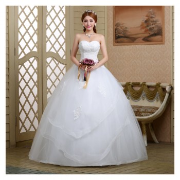 2017新款高档婚纱 抹胸水钻蕾丝花朵大码绑带影楼齐地婚纱8652