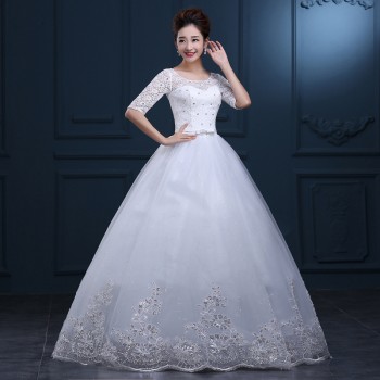 2017新款蕾丝圆领婚纱礼服 厂家直销中袖长袖齐地大码婚纱礼服G11