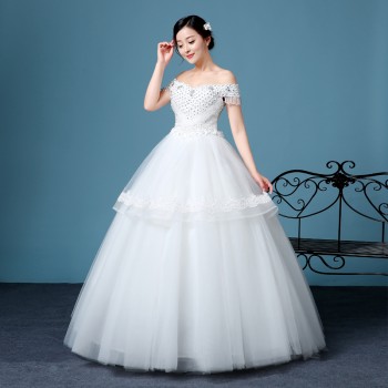 2017新款蕾丝新娘 一字肩婚纱齐地显瘦花朵公主婚纱厂家直销G14