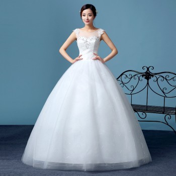 新款双肩齐地婚纱简约双肩新娘婚纱厂家直销双肩露背齐地婚纱T36