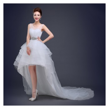 新款拖尾婚纱前短后长一字肩拖尾 弹力网大码拖尾婚纱厂家批发Z19