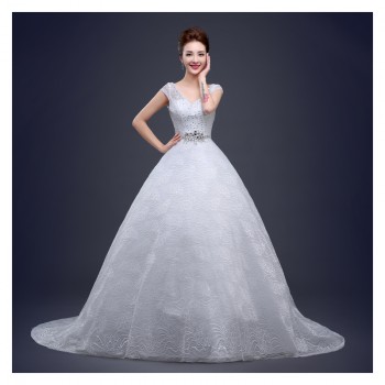 新款大拖尾婚纱 蕾丝拖尾一字肩婚纱包肩大码拖尾婚纱厂家批发Z18