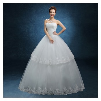 2017新款韩式夏 显瘦齐地抹胸蕾丝花边腰间镶钻白色公主婚纱F24