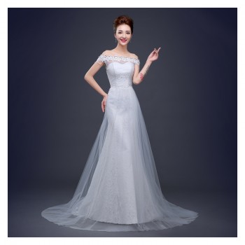 新款修身婚纱 蕾丝拖尾一字肩婚纱 大码拖尾婚纱厂家批发Z17