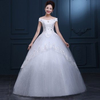 2017新款婚纱 一字肩齐地婚纱蕾丝婚纱 苏州大码婚纱厂家批发F37