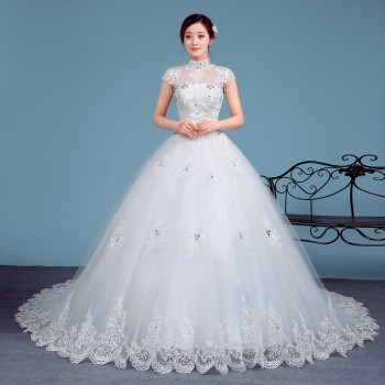 2017新款婚纱礼服 一字肩包肩婚纱 大码大拖尾中袖镶钻婚纱Z12