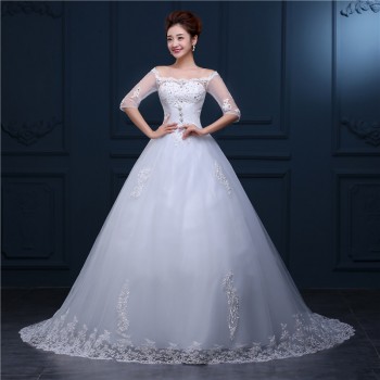 高档影楼主题婚纱 白色拖尾婚纱一字肩婚纱 大码一字肩婚纱W18