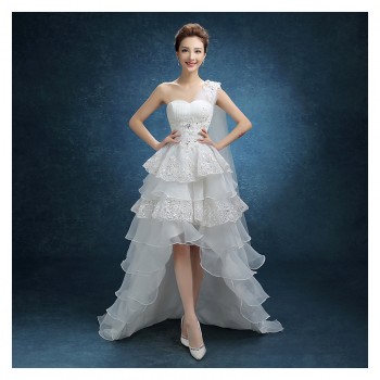 2017新款抹胸婚纱前短后长 单肩婚纱拖尾 新款一字肩婚纱大码W01