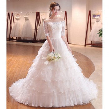 高档婚纱礼服新款 韩式长拖尾一字肩蕾丝中袖七分袖大码婚纱Z16