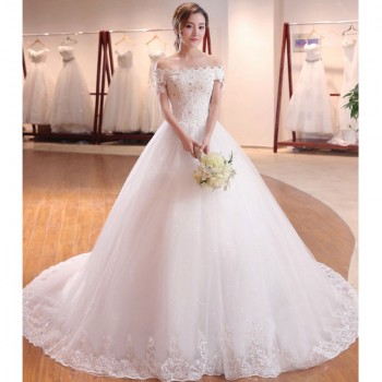 婚纱礼服2017夏新款修身显瘦双肩韩版长拖尾蕾丝花朵新娘结婚T42