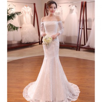 婚纱礼服2017新款夏季韩版一字肩显瘦收腰鱼尾小拖尾蕾丝新娘Y03